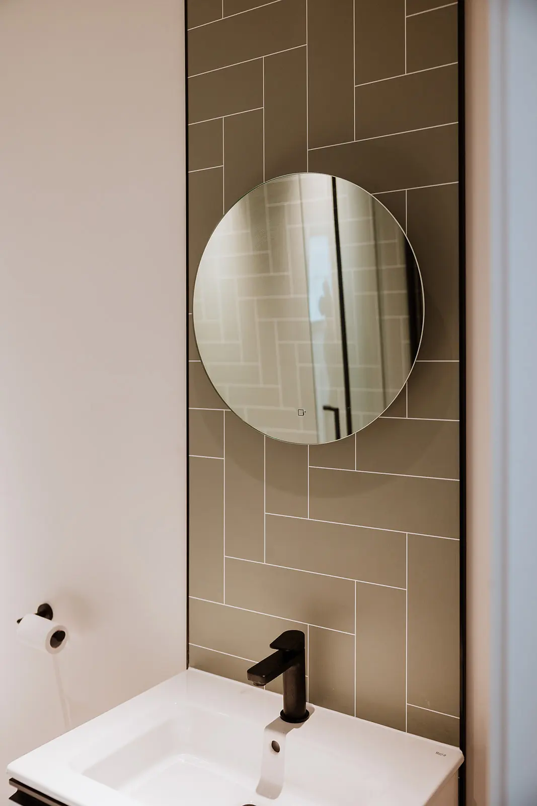 Washroom mirror and basin - SMC Custom installs - Mezzanine offices