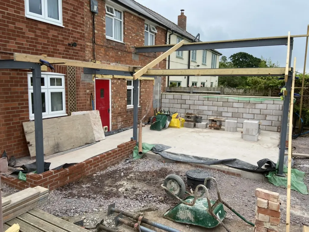 Steel frame and blockwork - Rear extension - New kitchen + living space in Harmer Hill