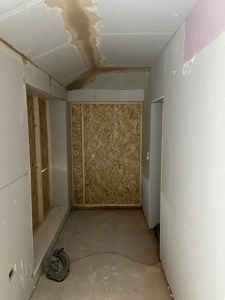 Plasterboard corridor - Rear extension - New kitchen + living space in Harmer Hill